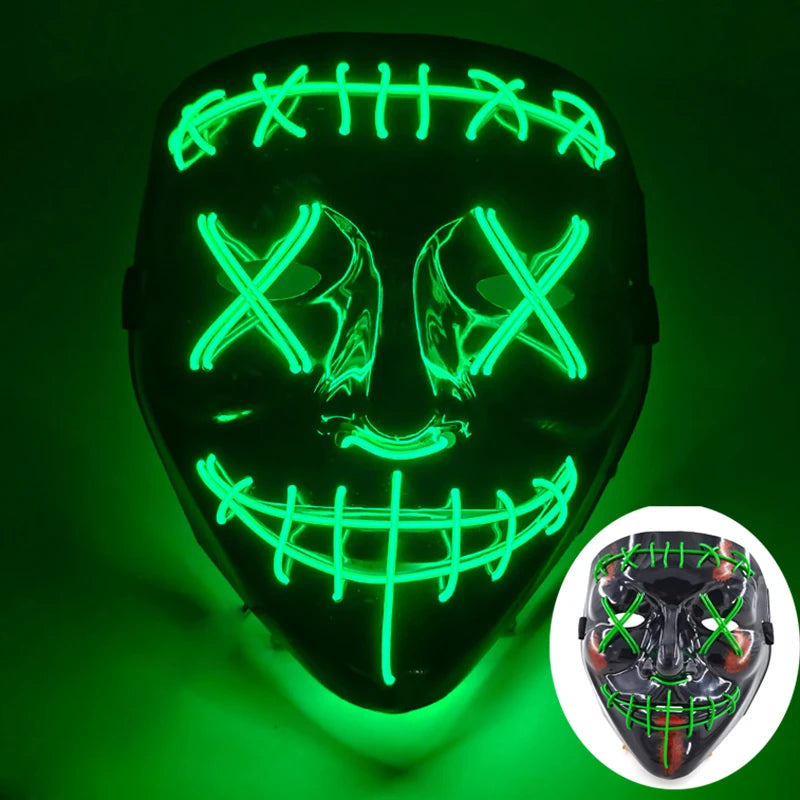 発光LEDパージフェイスマスク／光るマスク ハロウィン コスチューム小道具 ネオンライトアップ マスク コスプレ 装飾