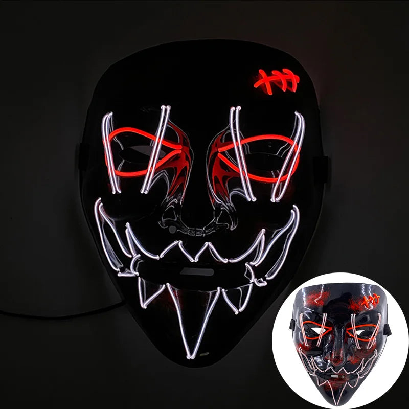 発光LEDパージフェイスマスク／光るマスク ハロウィン コスチューム小道具 ネオンライトアップ マスク コスプレ 装飾