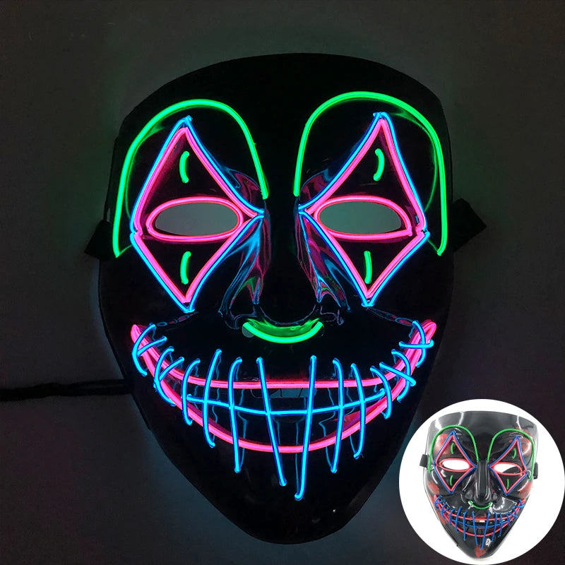 発光LEDパージフェイスマスク／光るマスク ハロウィン コスチューム小道具 ネオンライトアップ マスク コスプレ 装飾