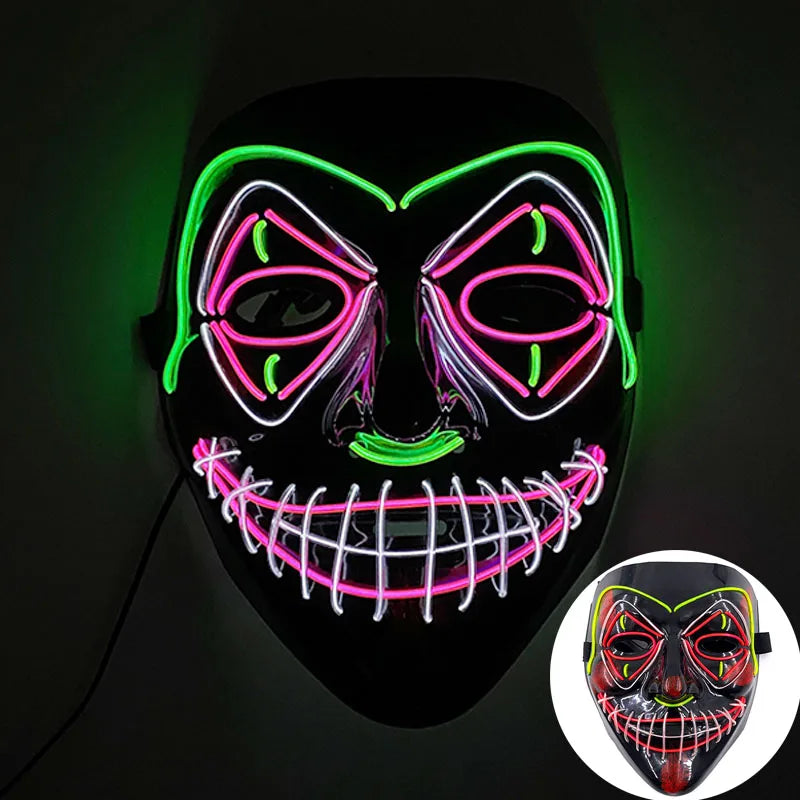 発光LEDパージフェイスマスク／光るマスク ハロウィン コスチューム小道具 ネオンライトアップ マスク コスプレ 装飾