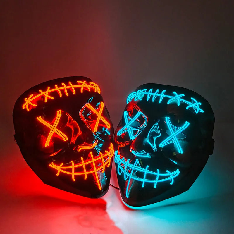 発光LEDパージフェイスマスク／光るマスク ハロウィン コスチューム小道具 ネオンライトアップ マスク コスプレ 装飾