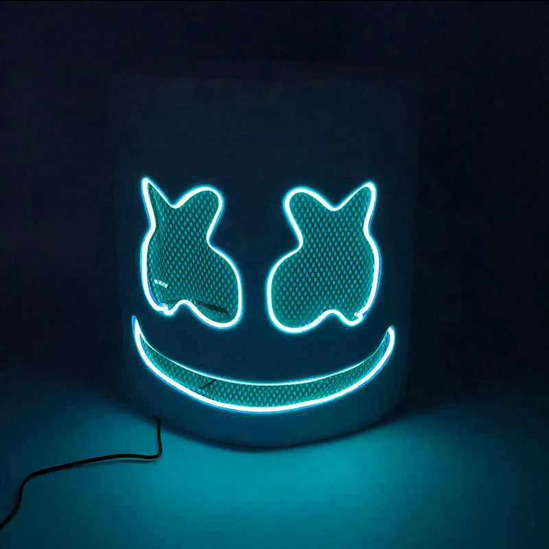 ハロウィン 光るマスク フルフェイス LED ネオン マシュマロ マスク ヘッドギア 発光 DJ 音楽フェス 小道具 コスプレ レイブ パーティー マスク