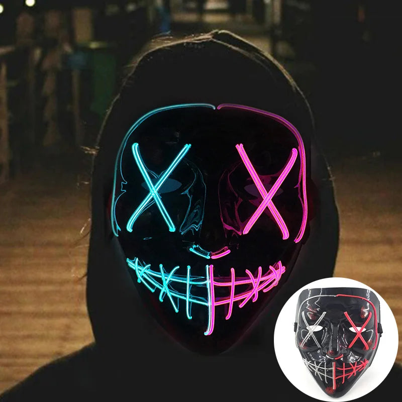 発光LEDパージフェイスマスク／光るマスク ハロウィン コスチューム小道具 ネオンライトアップ マスク コスプレ 装飾