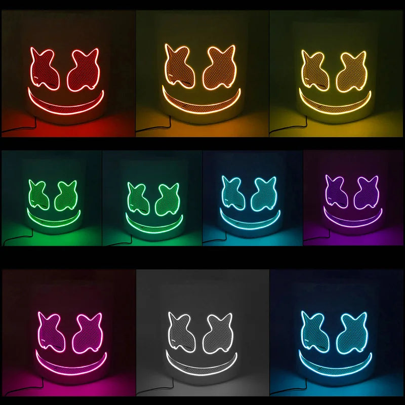 ハロウィン 光るマスク フルフェイス LED ネオン マシュマロ マスク ヘッドギア 発光 DJ 音楽フェス 小道具 コスプレ レイブ パーティー マスク