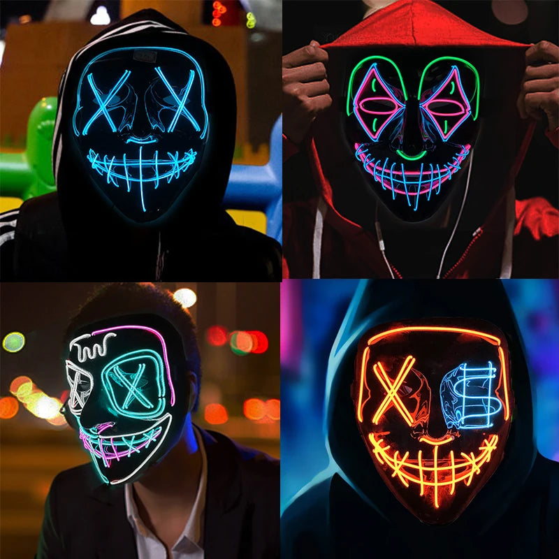 発光LEDパージフェイスマスク／光るマスク ハロウィン コスチューム小道具 ネオンライトアップ マスク コスプレ 装飾