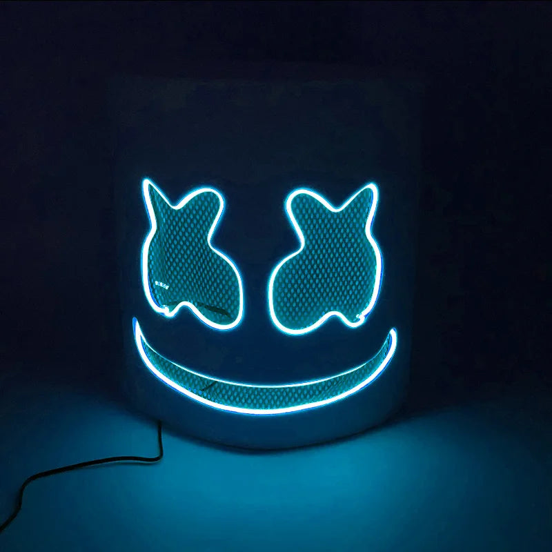 ハロウィン 光るマスク フルフェイス LED ネオン マシュマロ マスク ヘッドギア 発光 DJ 音楽フェス 小道具 コスプレ レイブ パーティー マスク
