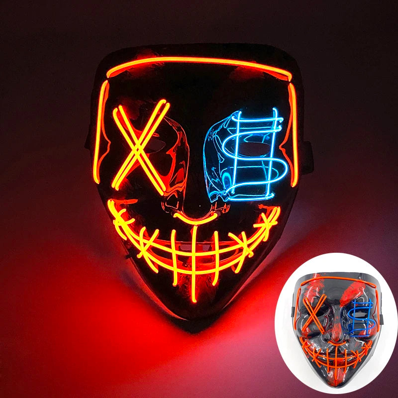 発光LEDパージフェイスマスク／光るマスク ハロウィン コスチューム小道具 ネオンライトアップ マスク コスプレ 装飾