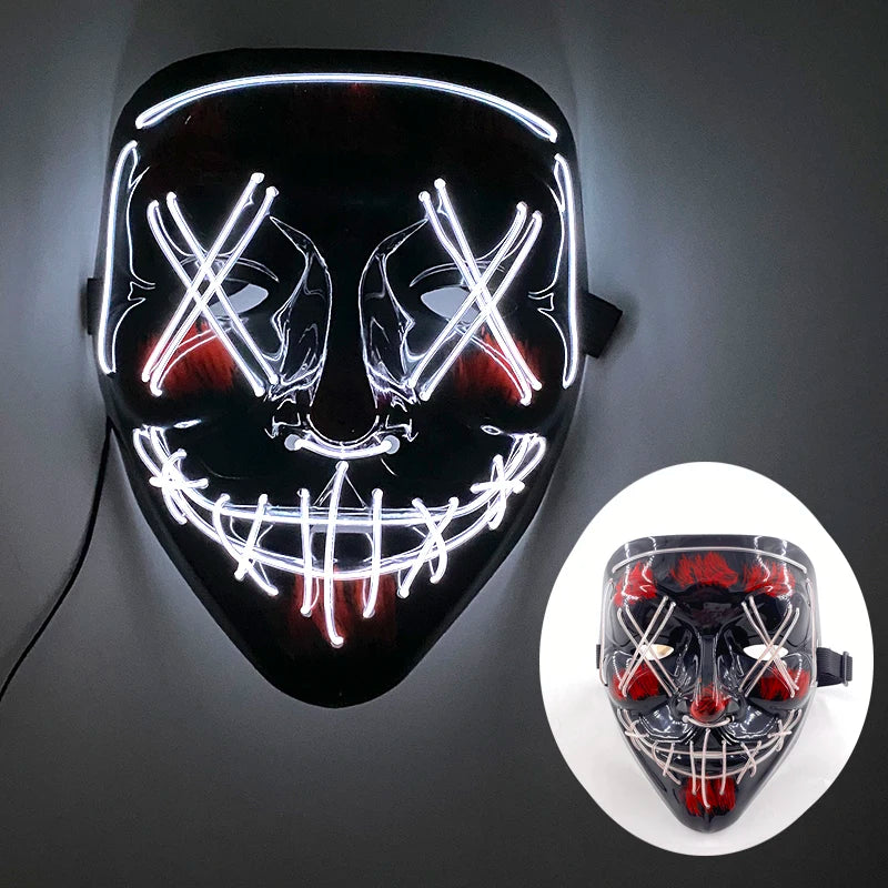 ハロウィン 光るマスク フルフェイス LED ネオン マシュマロ マスク ヘッドギア 発光 DJ 音楽フェス 小道具 コスプレ レイブ パーティー マスク