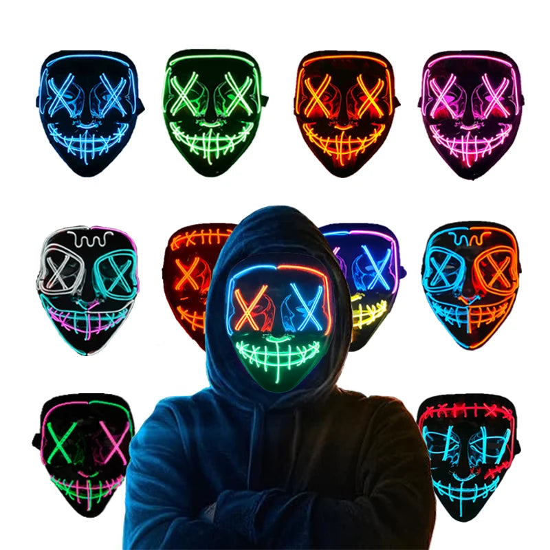 発光LEDパージフェイスマスク／光るマスク ハロウィン コスチューム小道具 ネオンライトアップ マスク コスプレ 装飾