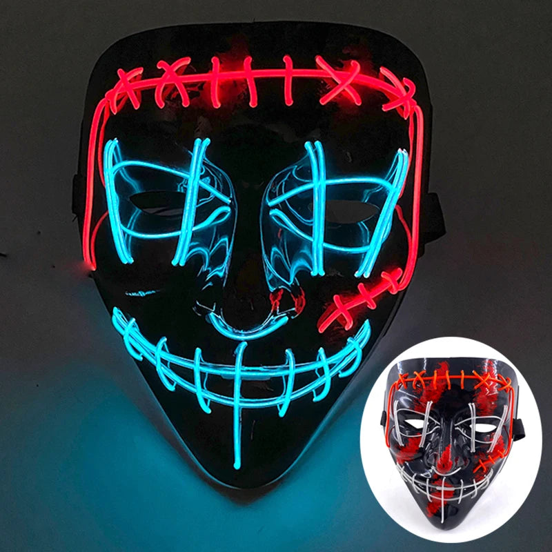 発光LEDパージフェイスマスク／光るマスク ハロウィン コスチューム小道具 ネオンライトアップ マスク コスプレ 装飾