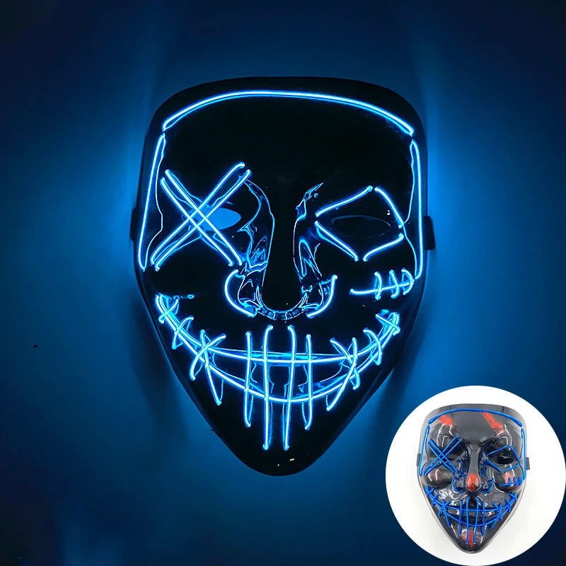 発光LEDパージフェイスマスク／光るマスク ハロウィン コスチューム小道具 ネオンライトアップ マスク コスプレ 装飾
