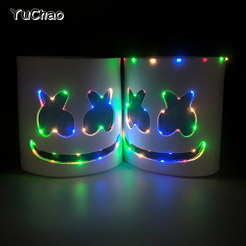 ハロウィン 光るマスク フルフェイス LED ネオン マシュマロ マスク ヘッドギア 発光 DJ 音楽フェス 小道具 コスプレ レイブ パーティー マスク