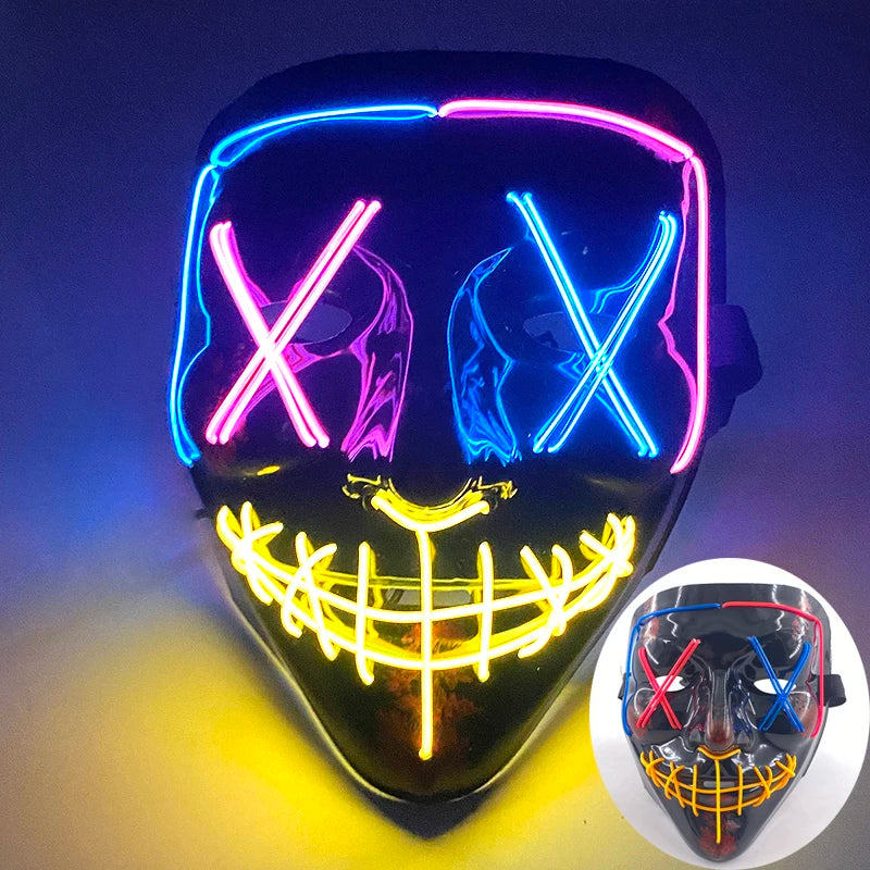 発光LEDパージフェイスマスク／光るマスク ハロウィン コスチューム小道具 ネオンライトアップ マスク コスプレ 装飾