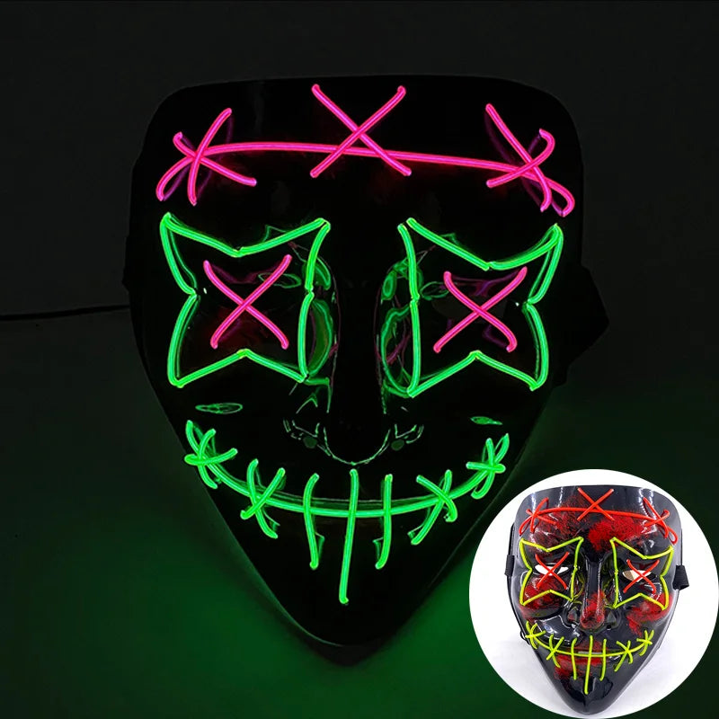発光LEDパージフェイスマスク／光るマスク ハロウィン コスチューム小道具 ネオンライトアップ マスク コスプレ 装飾