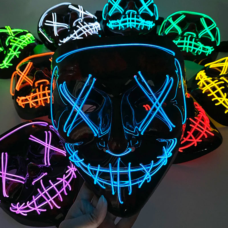 ハロウィン 光るマスク フルフェイス LED ネオン マシュマロ マスク ヘッドギア 発光 DJ 音楽フェス 小道具 コスプレ レイブ パーティー マスク