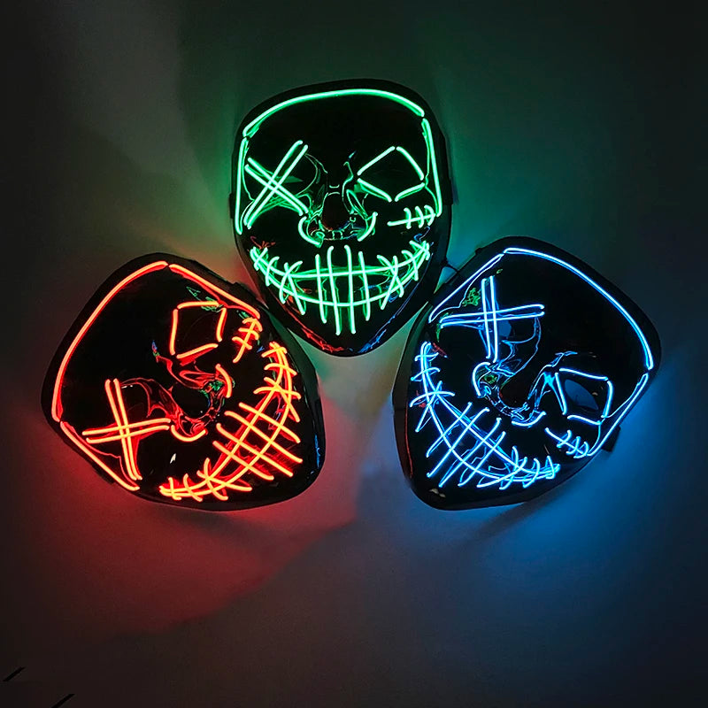 発光LEDパージフェイスマスク／光るマスク ハロウィン コスチューム小道具 ネオンライトアップ マスク コスプレ 装飾