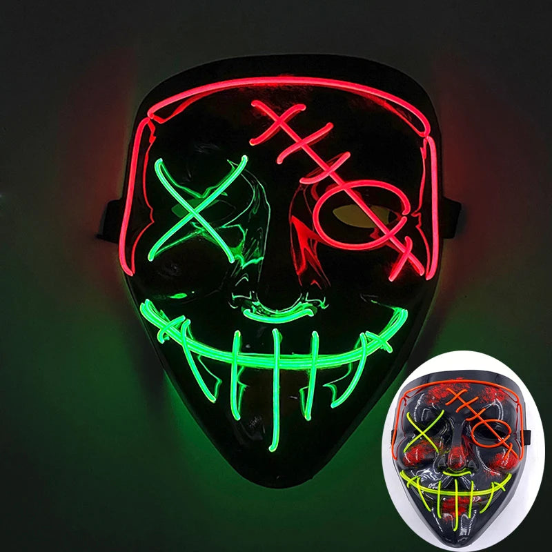 発光LEDパージフェイスマスク／光るマスク ハロウィン コスチューム小道具 ネオンライトアップ マスク コスプレ 装飾