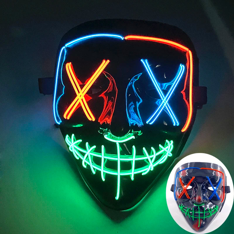 発光LEDパージフェイスマスク／光るマスク ハロウィン コスチューム小道具 ネオンライトアップ マスク コスプレ 装飾