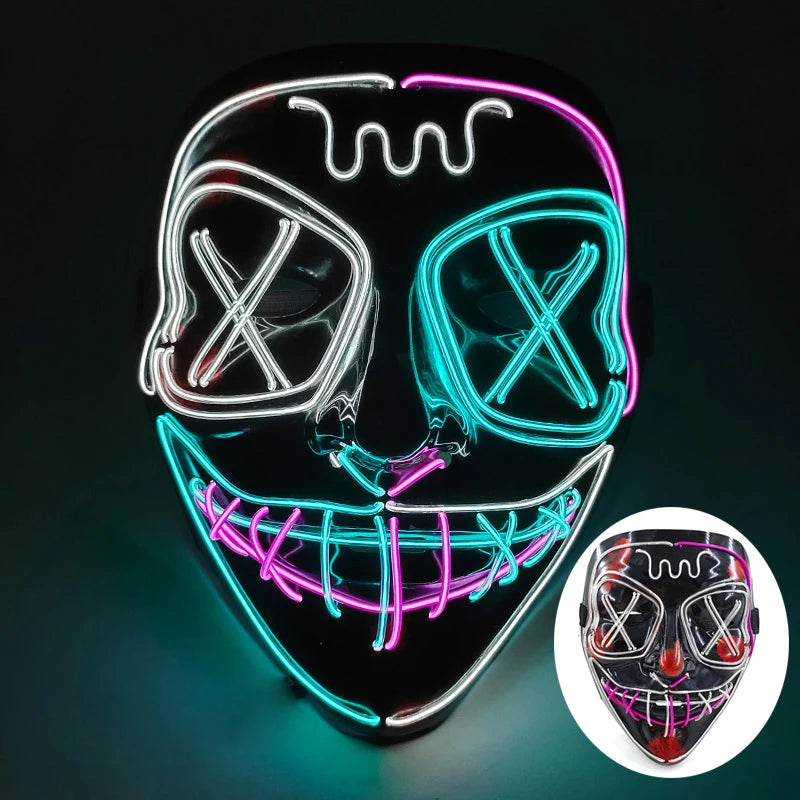 発光LEDパージフェイスマスク／光るマスク ハロウィン コスチューム小道具 ネオンライトアップ マスク コスプレ 装飾